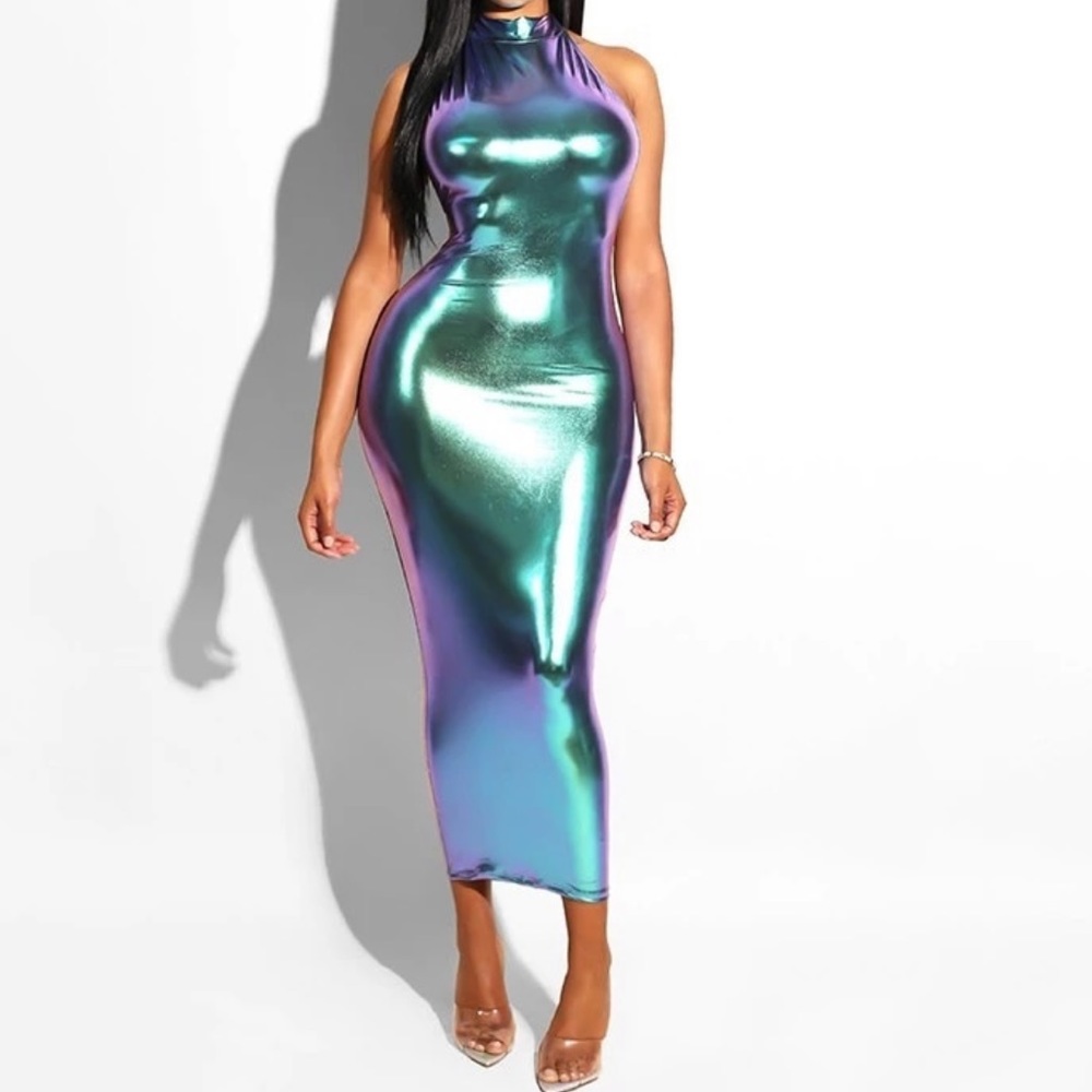 Holographic fitted midi dress